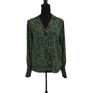 Topshop Womens Black Green Print Top Smocked Cuff Long Sleeve Size 2 Blouse